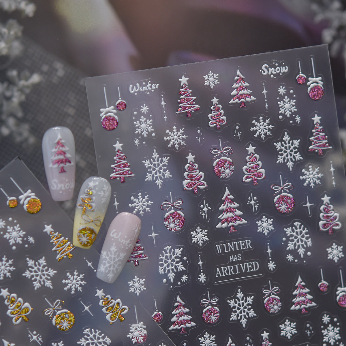 3D Christmas Glitter Nail Stickers - Sparkling Xmas Tree & Snowflake