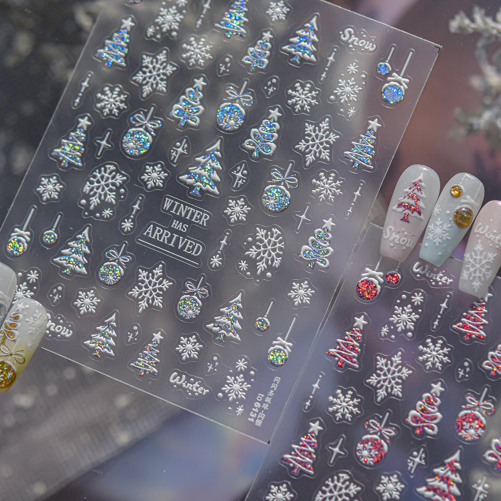 3D Christmas Glitter Nail Stickers - Sparkling Xmas Tree & Snowflake