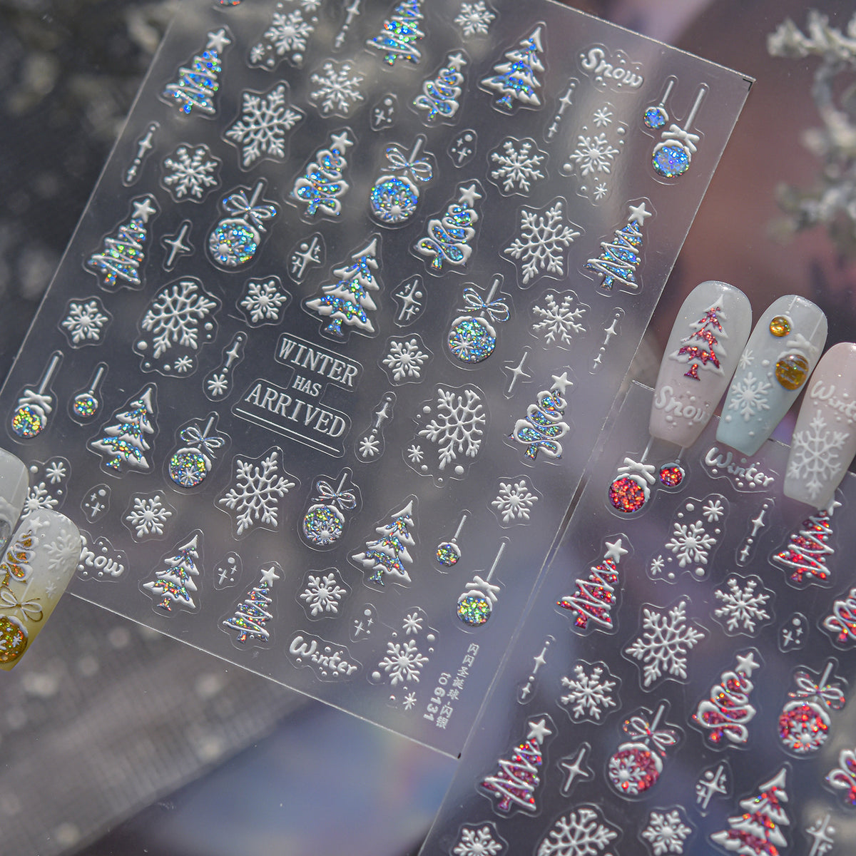 3D Christmas Glitter Nail Stickers - Sparkling Xmas Tree & Snowflake