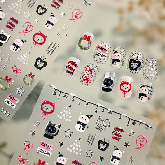 3D Christmas Tree Nail Art Stickers - Cute Snowman Cat Star Decals M1243