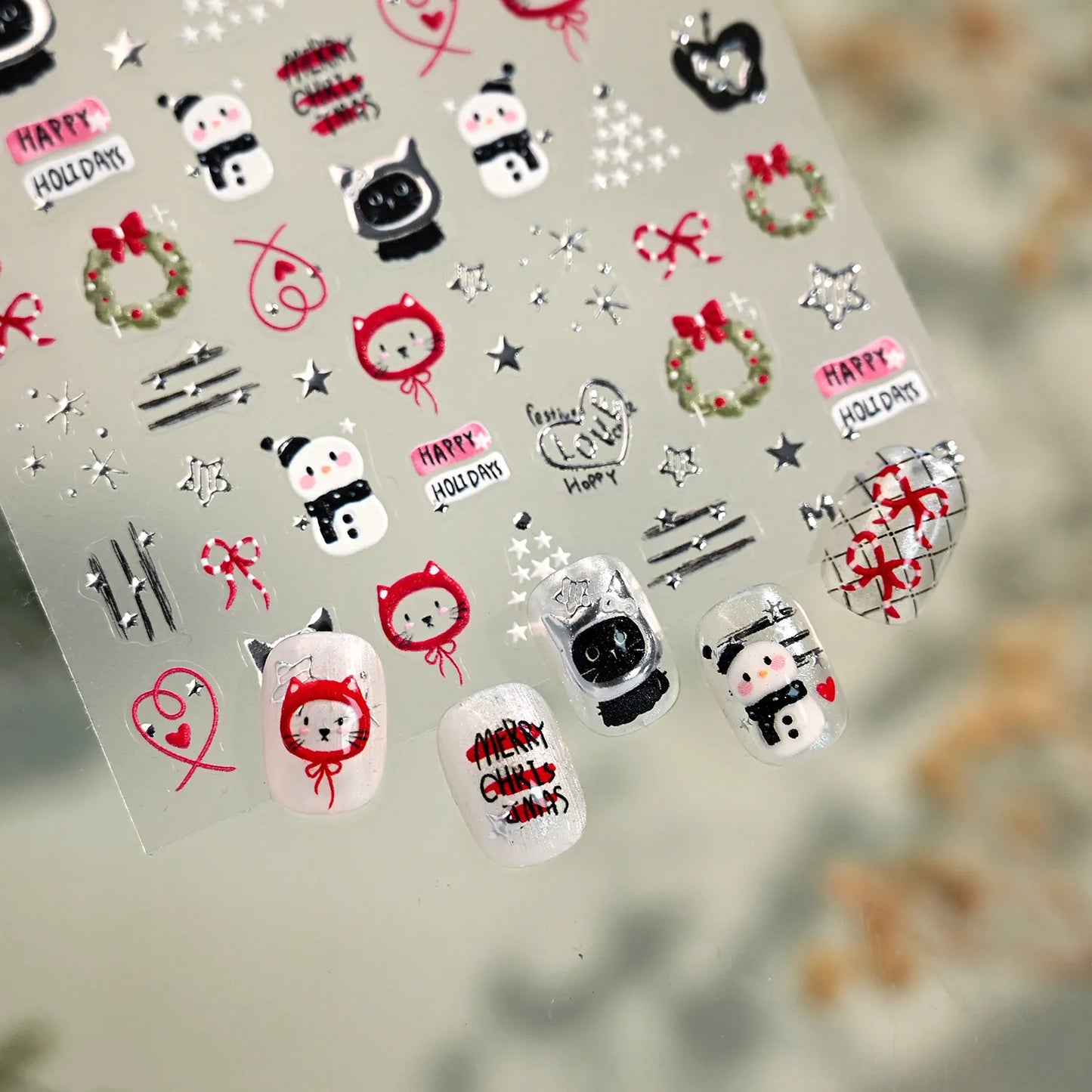 3D Christmas Tree Nail Art Stickers - Cute Snowman Cat Star Decals M1243