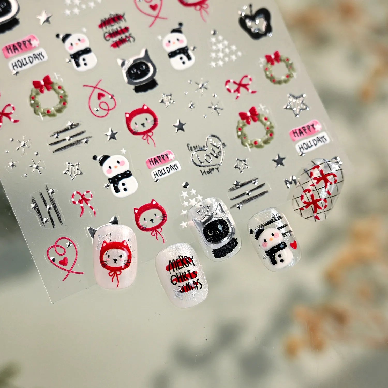 3D Christmas Tree Nail Art Stickers - Cute Snowman Cat Star Decals M1243