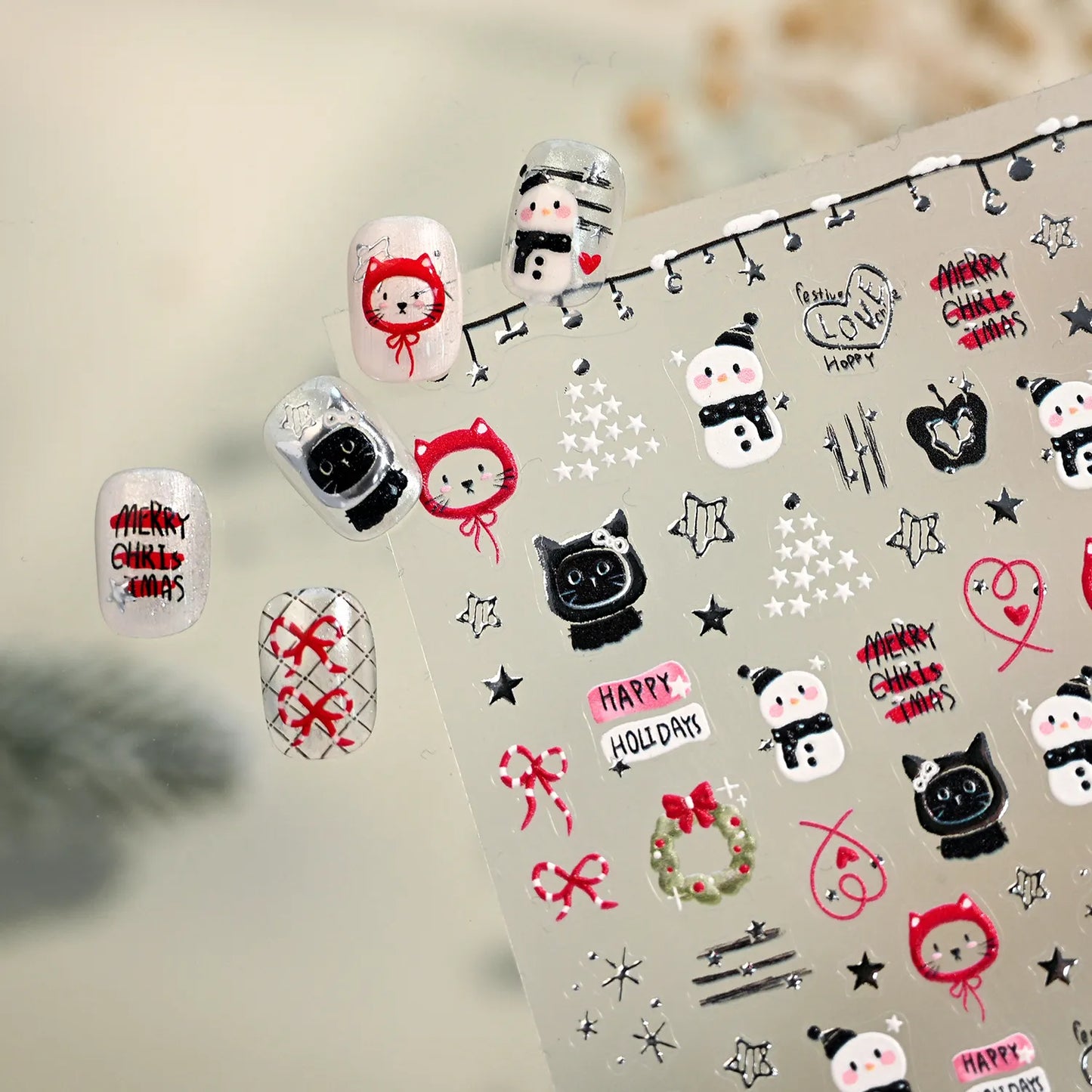 3D Christmas Tree Nail Art Stickers - Cute Snowman Cat Star Decals M1243