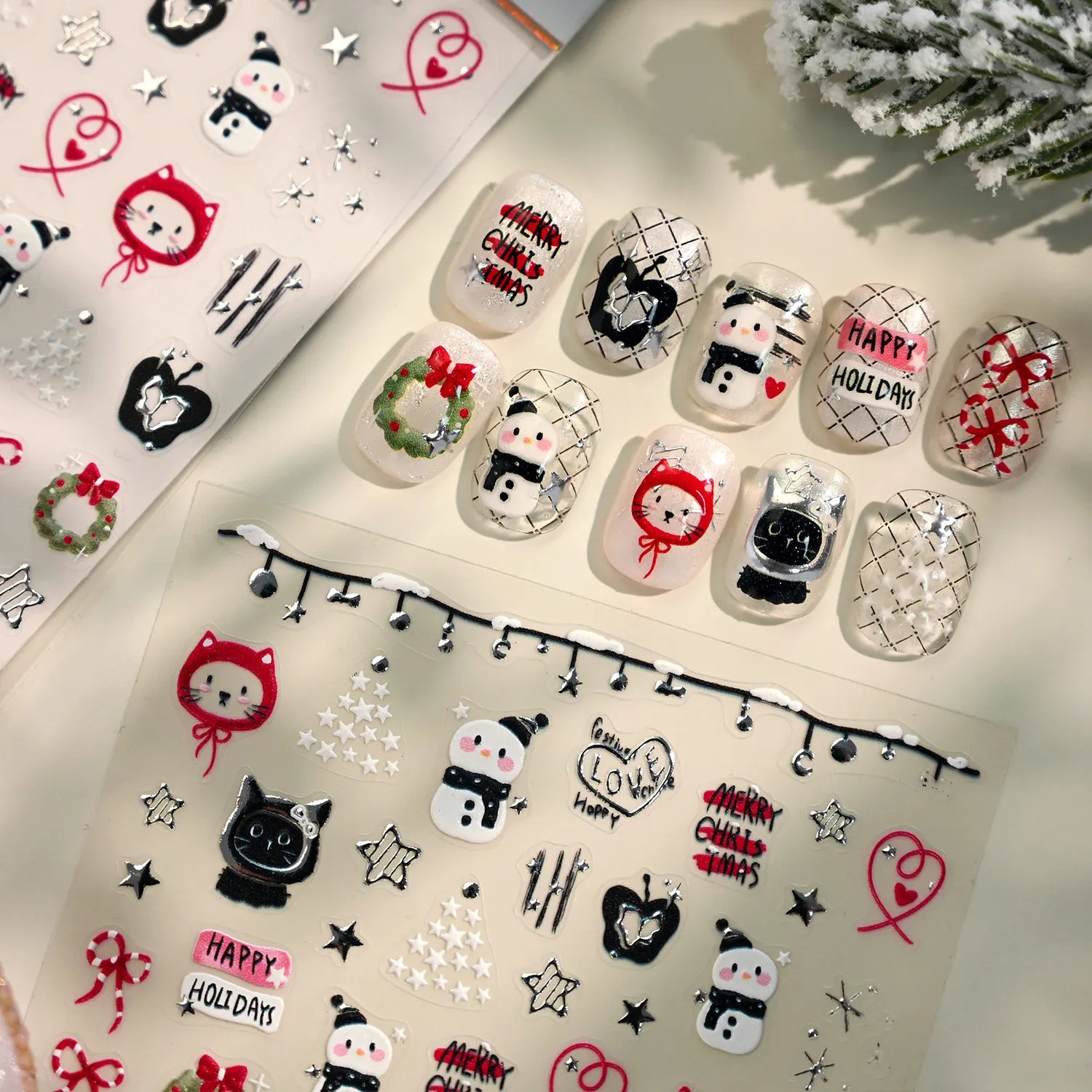 3D Christmas Tree Nail Art Stickers - Cute Snowman Cat Star Decals M1243