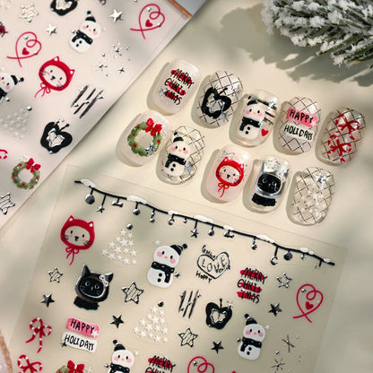 3D Christmas Tree Nail Art Stickers - Cute Snowman Cat Star Decals M1243