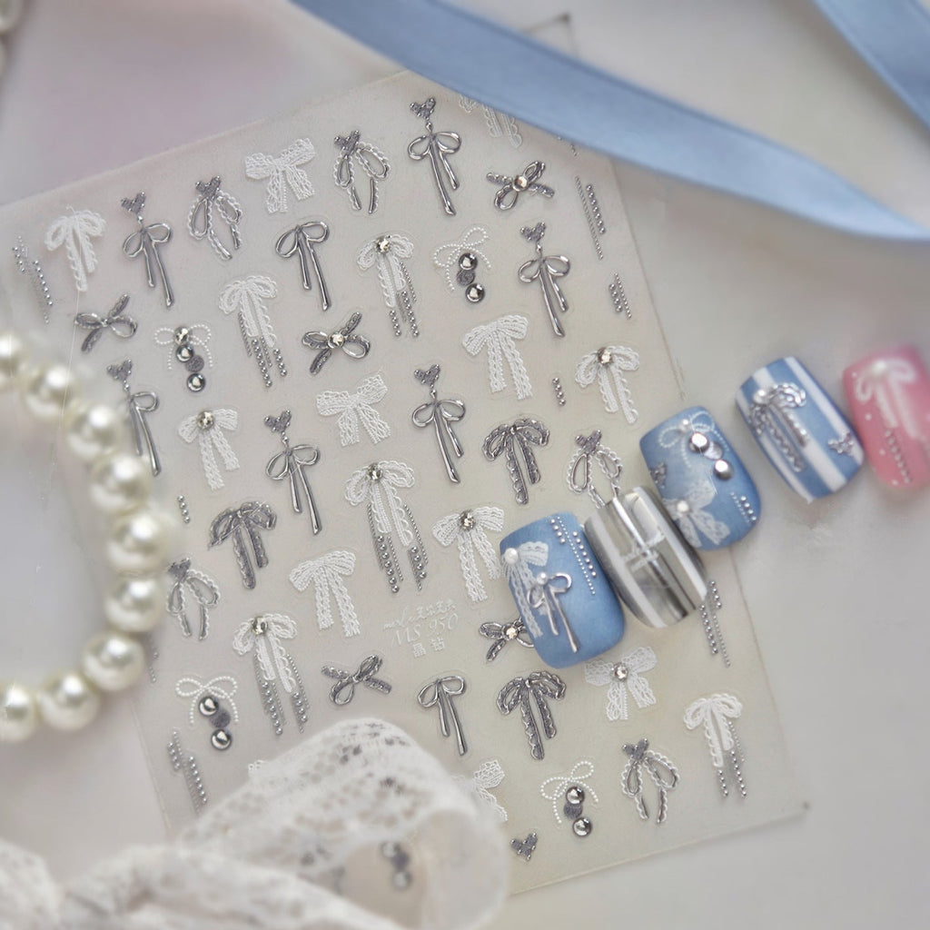 3D Coquette Bow & Pearl Nail Stickers