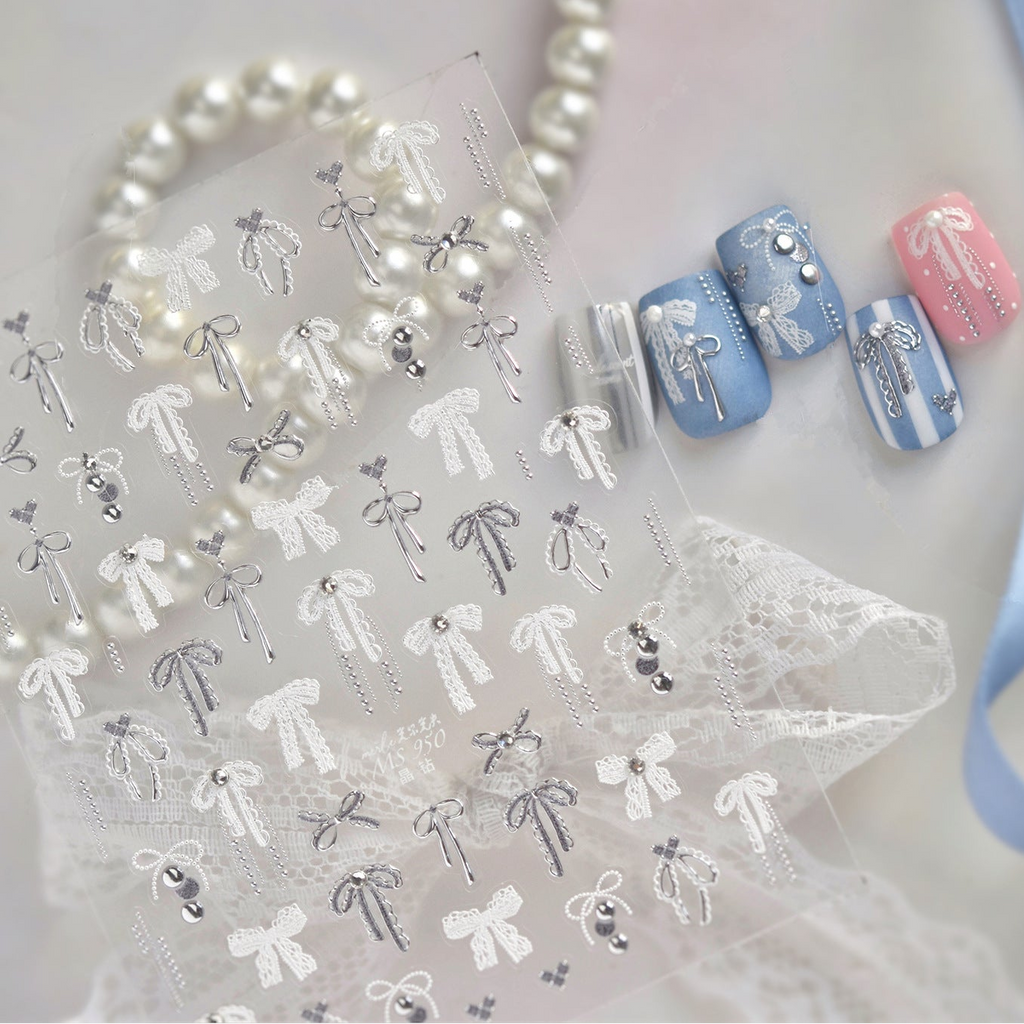 3D Coquette Bow & Pearl Nail Stickers