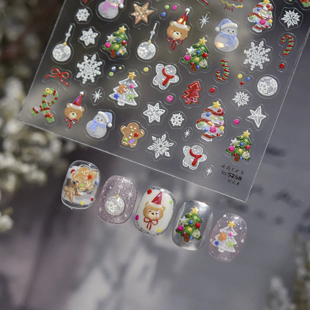 3D Crystal Christmas Nail Stickers | Cute Snowman, Bear & Holiday Decals 5268