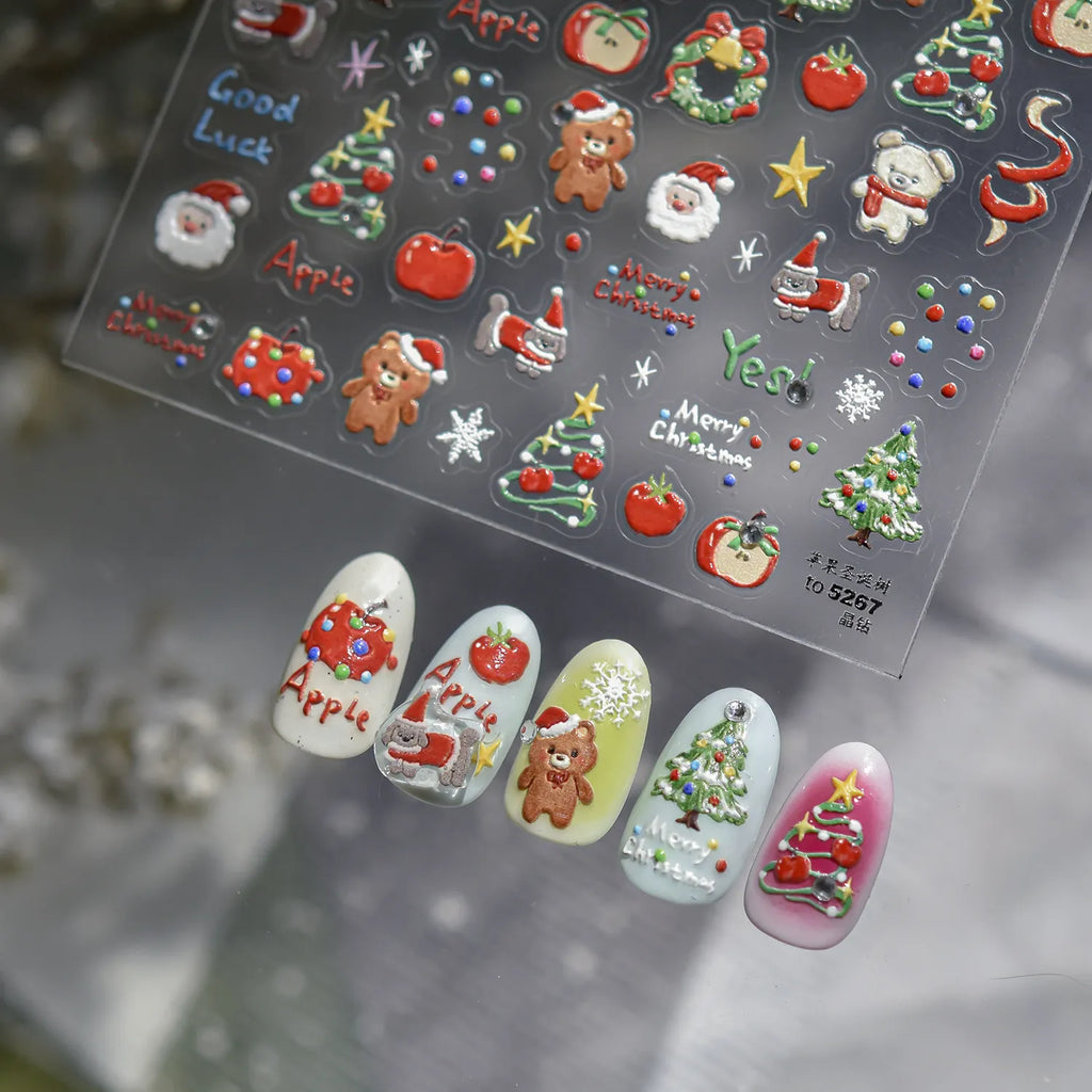 3D Cute Christmas Nail Art Stickers | Santa, Xmas Tree, Bear & Holiday Decal Set