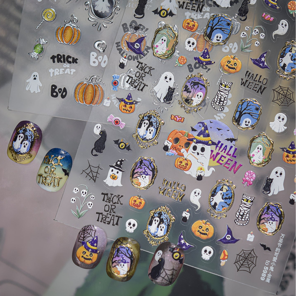3D Cute Halloween Nail Stickers - Spooky Ghosts,Bats & Pumpkins Decals