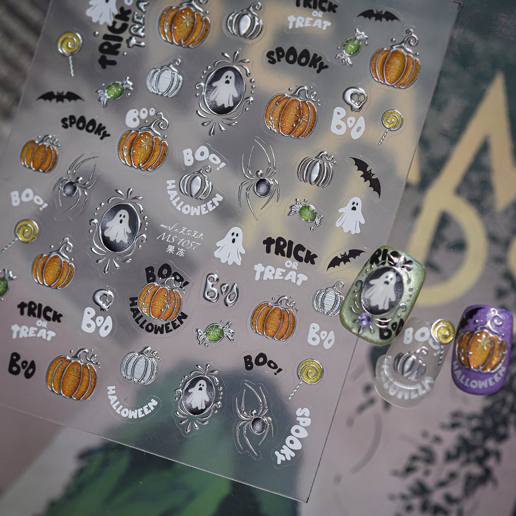 3D Cute Halloween Nail Stickers - Spooky Ghosts,Bats & Pumpkins Decals