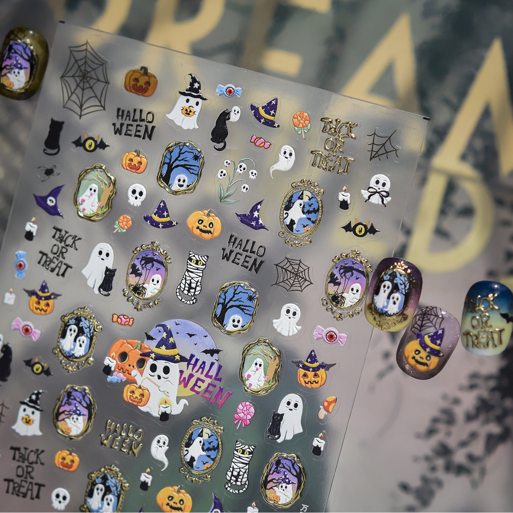 3D Cute Halloween Nail Stickers - Spooky Ghosts,Bats & Pumpkins Decals