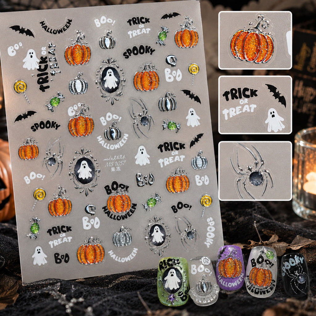 3D Cute Halloween Nail Stickers - Spooky Ghosts,Bats & Pumpkins Decals
