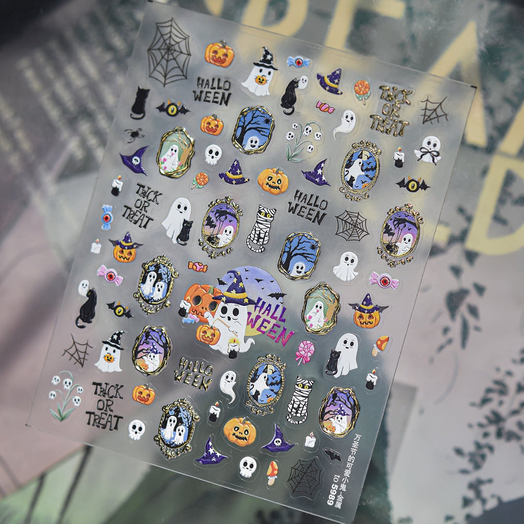 3D Cute Halloween Nail Stickers - Spooky Ghosts,Bats & Pumpkins Decals