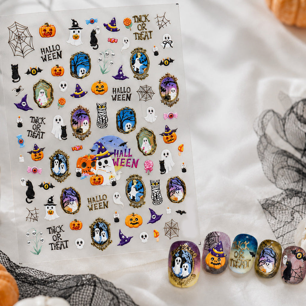 3D Cute Halloween Nail Stickers - Spooky Ghosts,Bats & Pumpkins Decals 5989