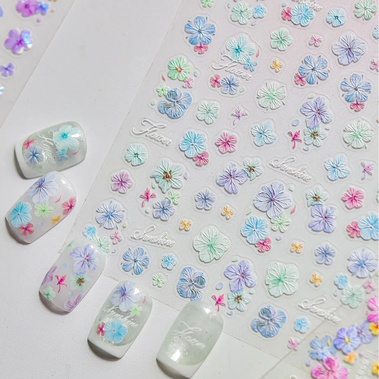 3D Embossed Aurora Pastel Floral Nail Stickers | Pressed Flower Decals 5581