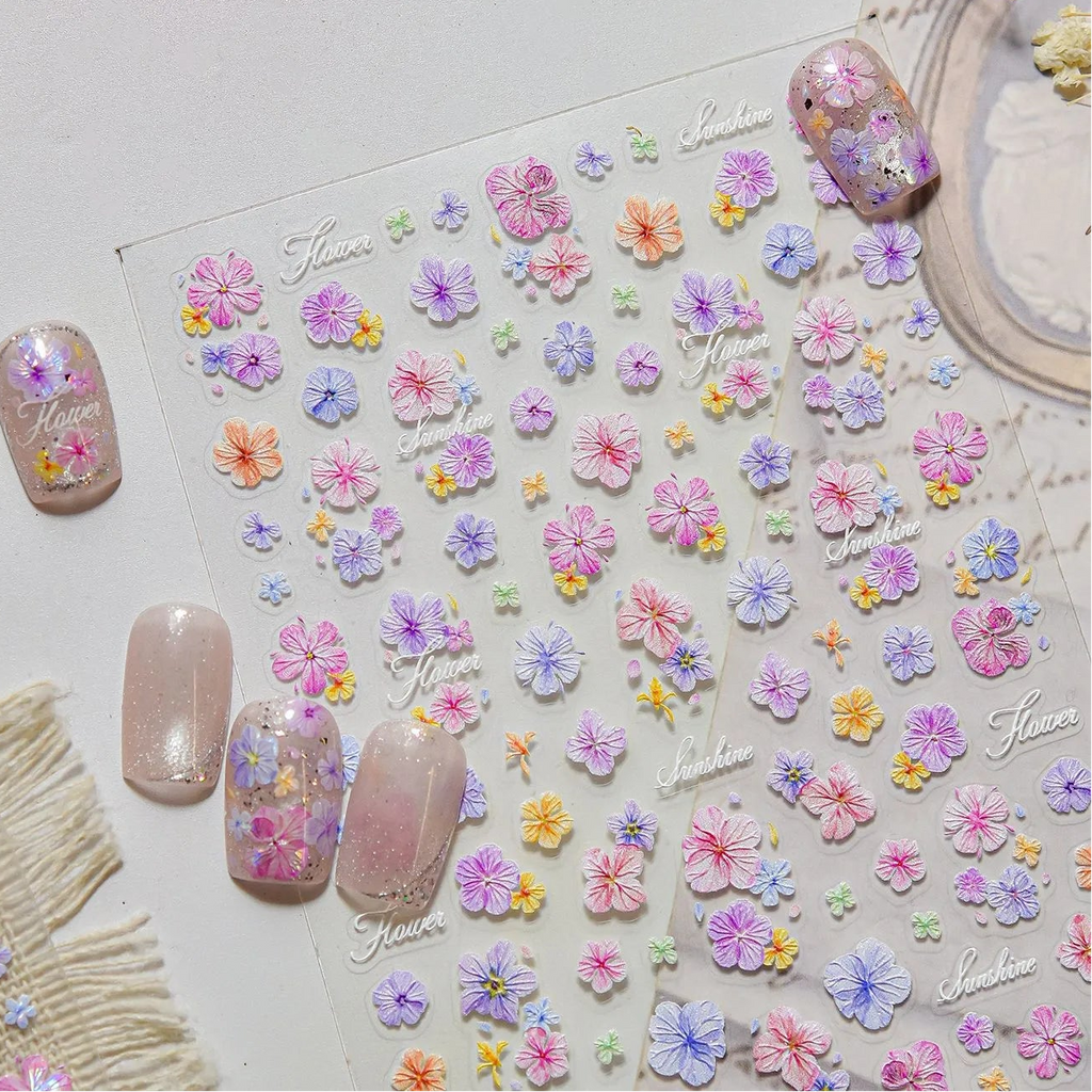 3D Embossed Aurora Pastel Floral Nail Stickers | Pressed Flower Decals 5581