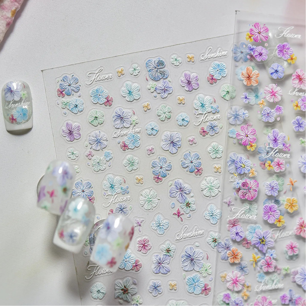 3D Embossed Aurora Pastel Floral Nail Stickers | Pressed Flower Decals 5581