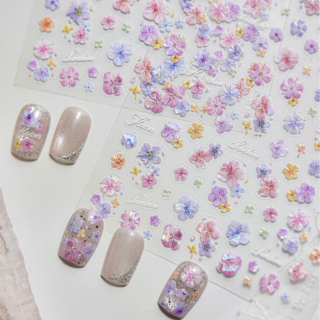 3D Embossed Aurora Pastel Floral Nail Stickers | Pressed Flower Decals 5581