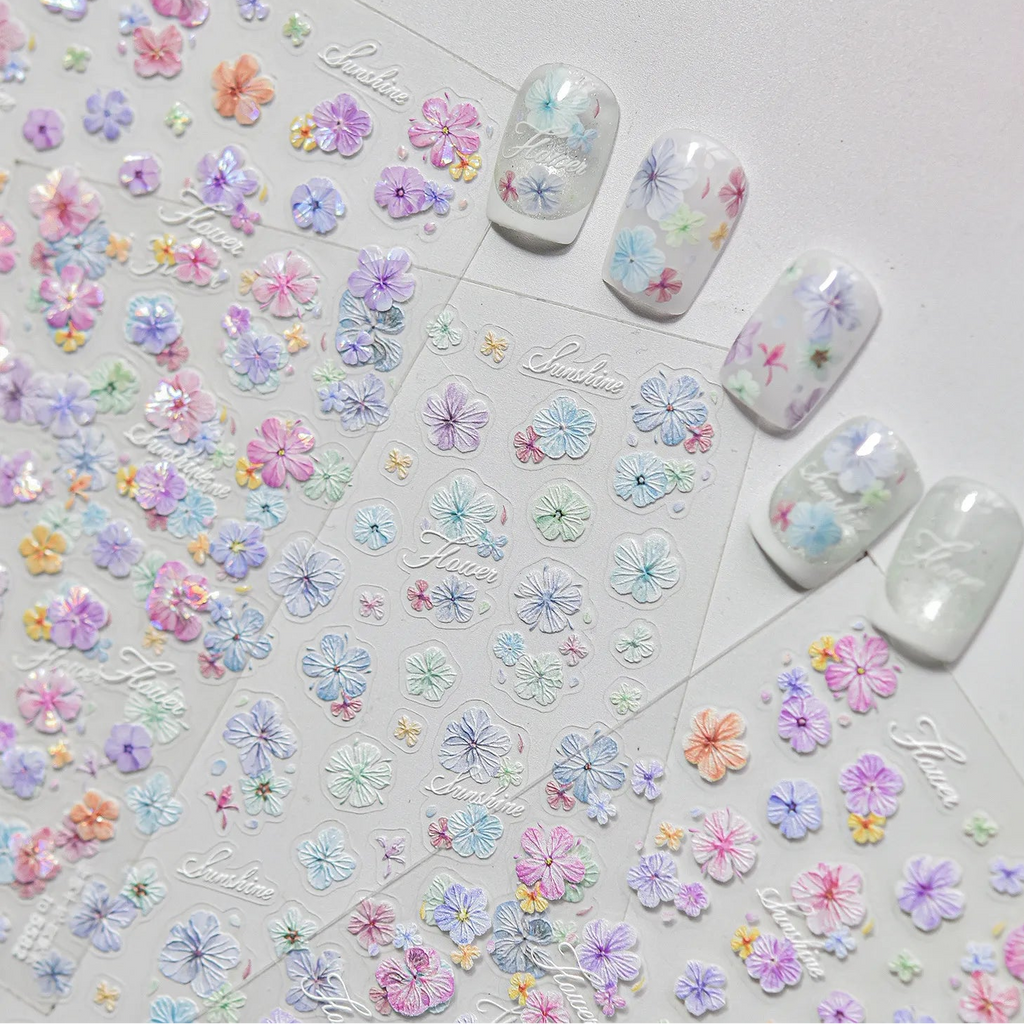 3D Embossed Aurora Pastel Floral Nail Stickers | Pressed Flower Decals 5581