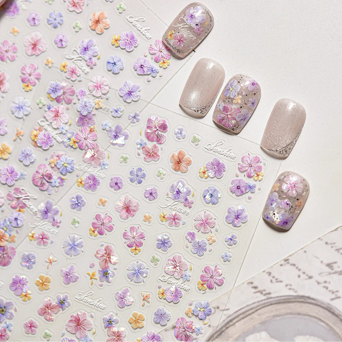 3D Embossed Aurora Pastel Floral Nail Stickers | Pressed Flower Decals 5581