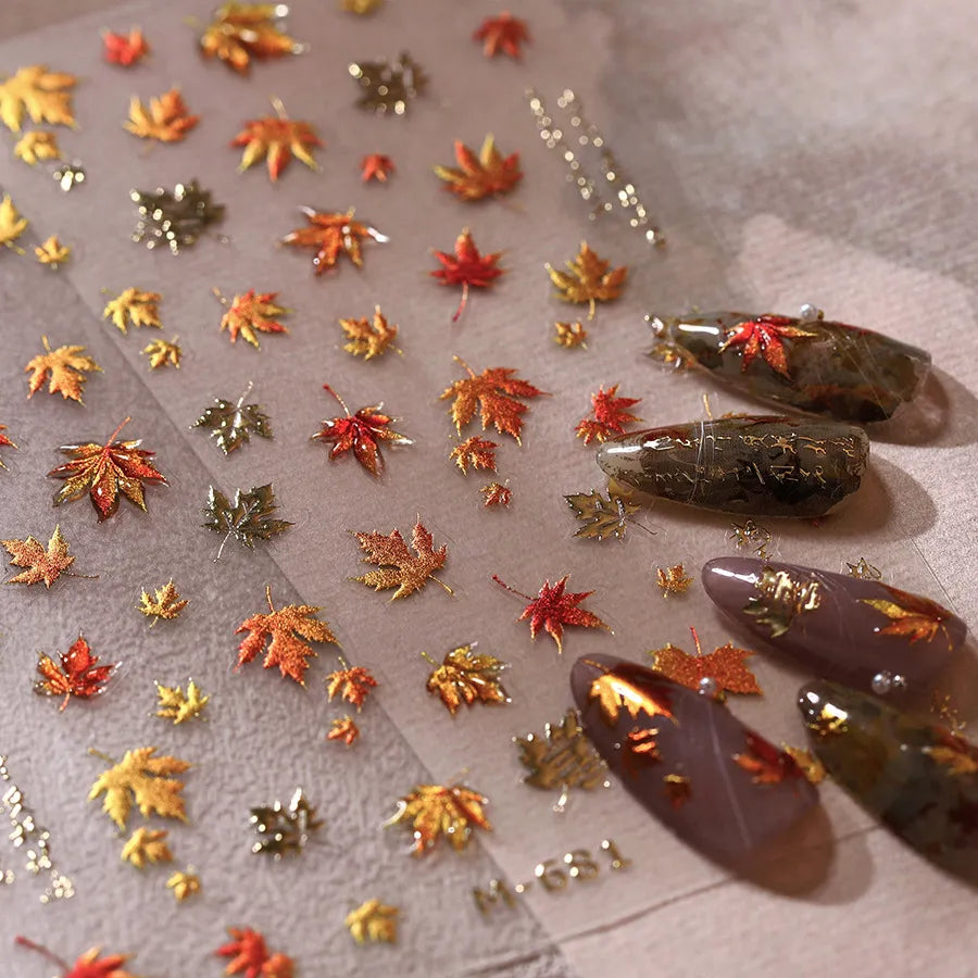 3D Embossed Fall Maple Leaf Nail Stickers - Thanksgiving Nail Art Decals 681
