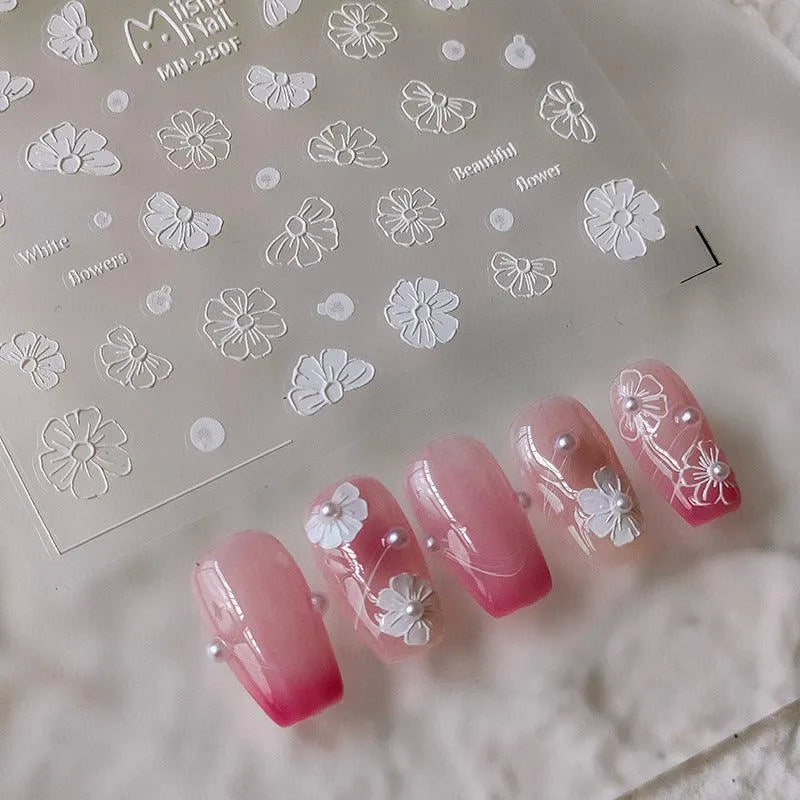 3D Flower Nail Art Stickers Adhesive White Floral Sticker Decals MN249