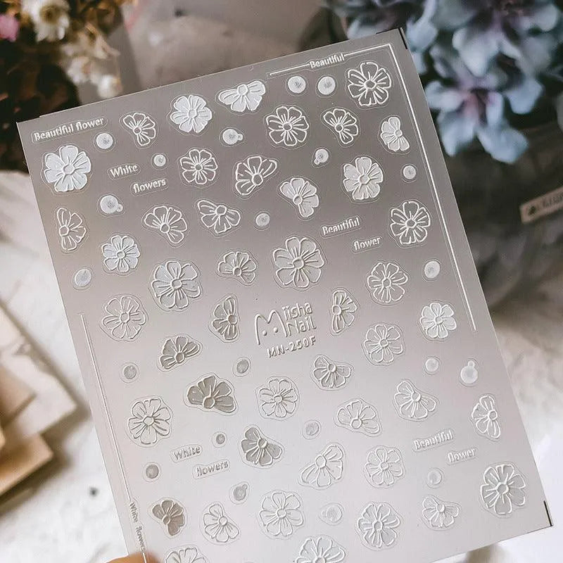 3D Flower Nail Art Stickers Adhesive White Floral Sticker Decals MN249