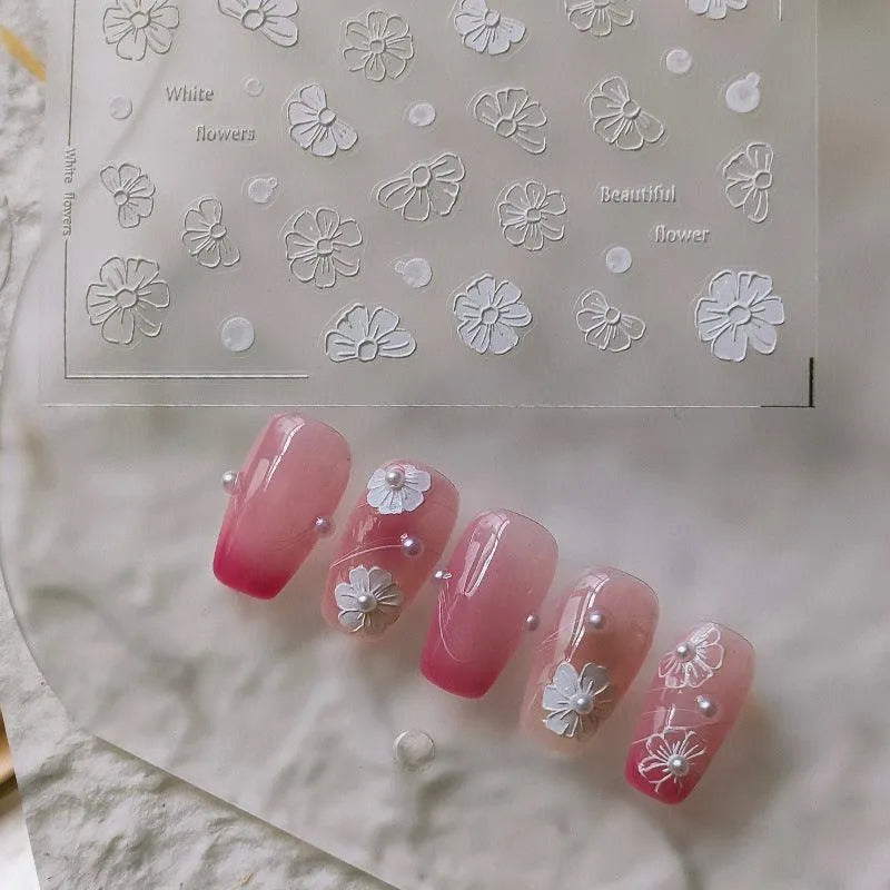 3D Flower Nail Art Stickers Adhesive White Floral Sticker Decals MN249