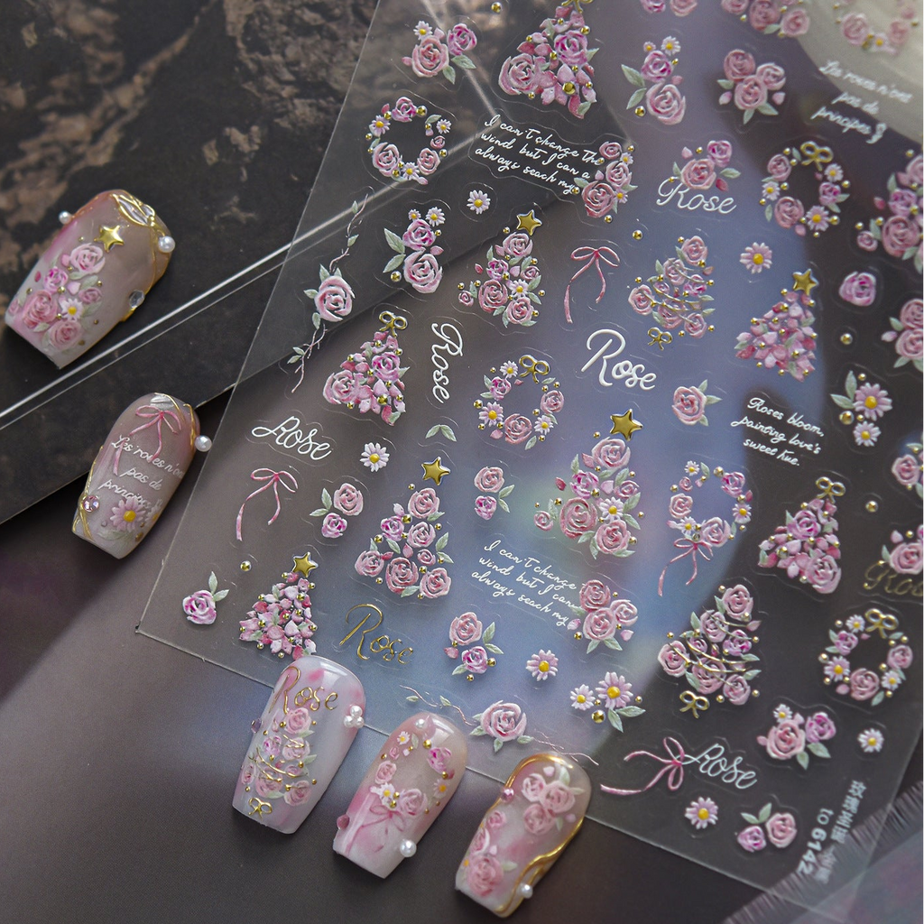 3D French Vintage Rose & Daisy Nail Stickers - Floral Wreath Decals 6142