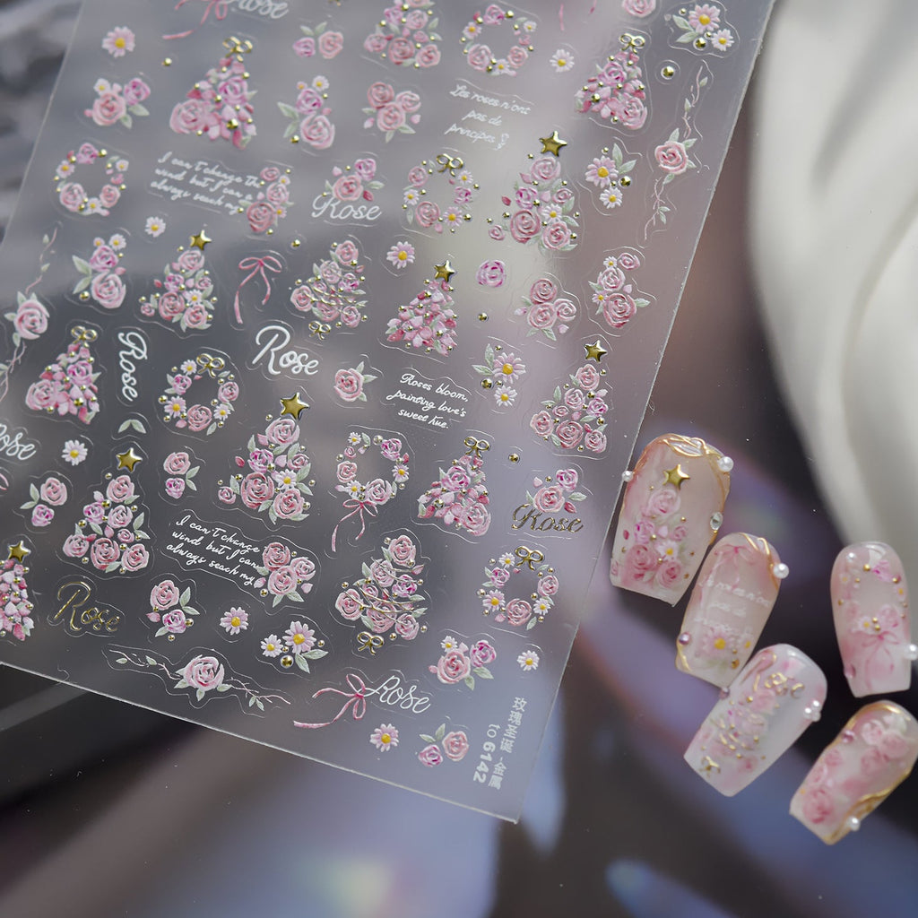 3D French Vintage Rose & Daisy Nail Stickers - Floral Wreath Decals 6142