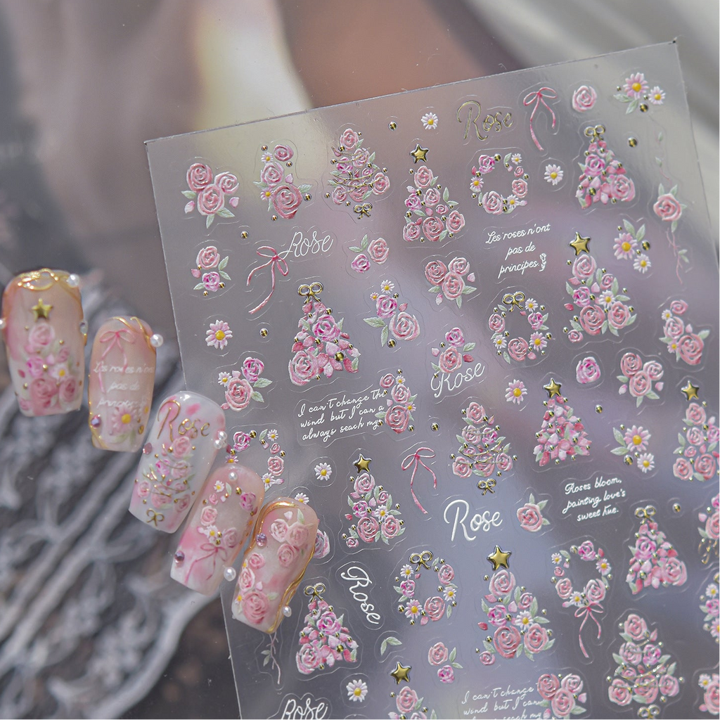 3D French Vintage Rose & Daisy Nail Stickers - Floral Wreath Decals 6142