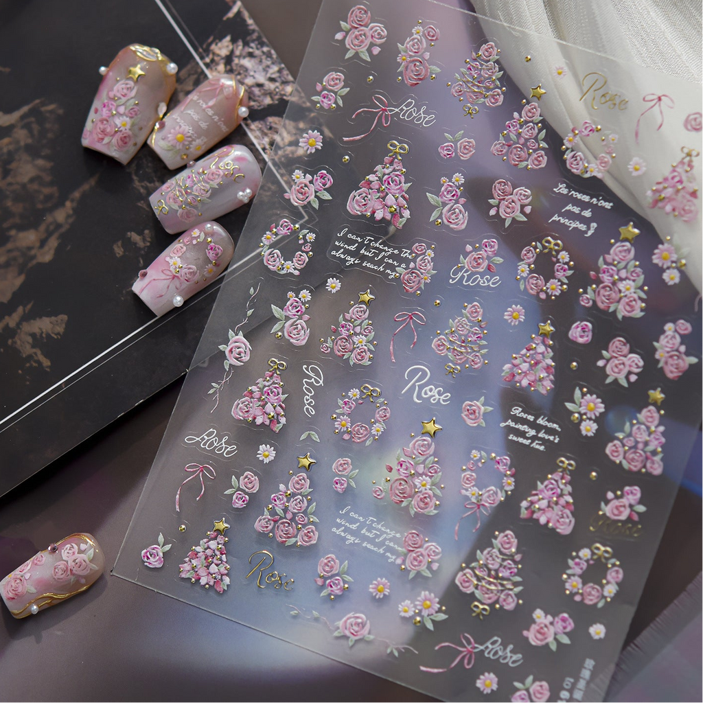 3D French Vintage Rose & Daisy Nail Stickers - Floral Wreath Decals 6142
