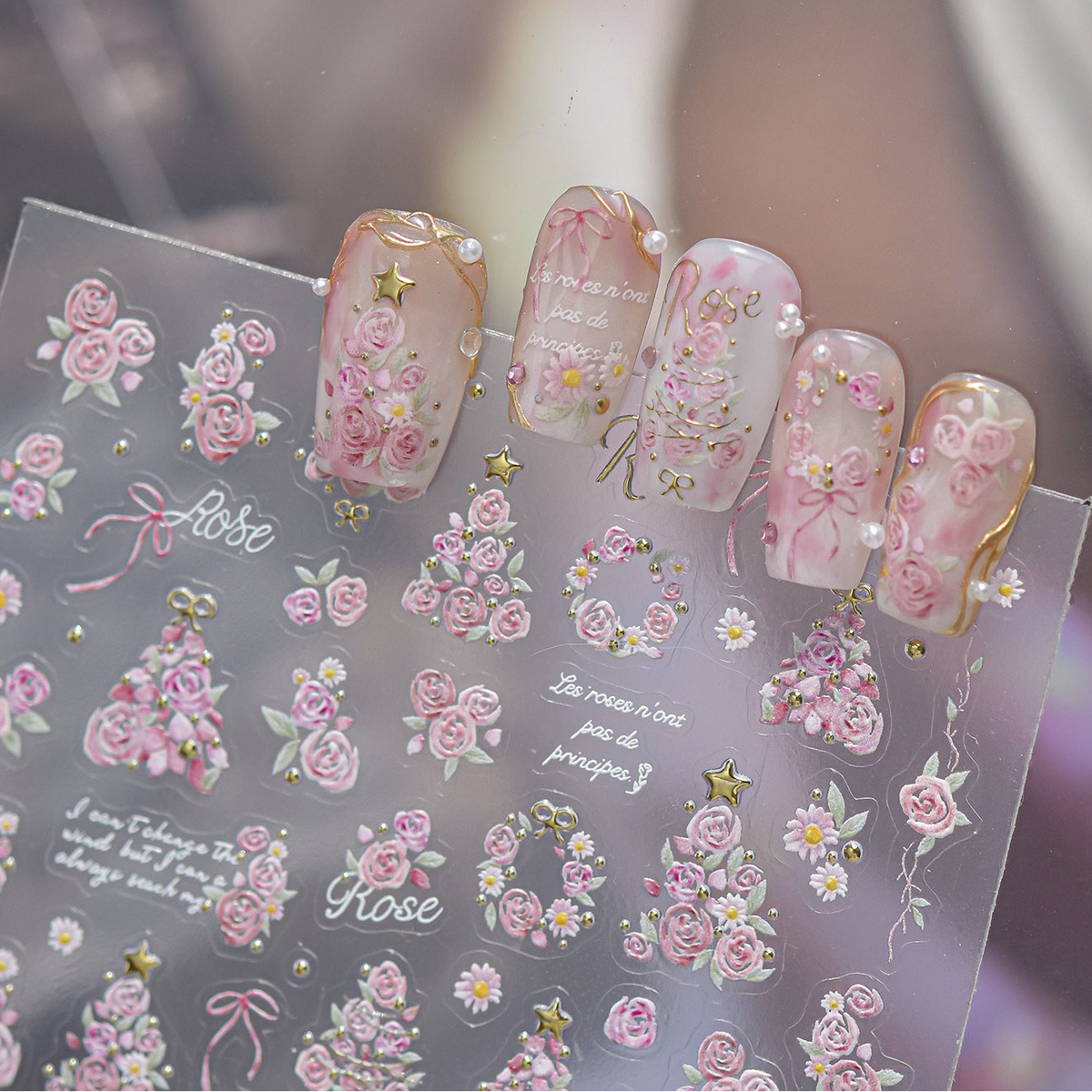 3D French Vintage Rose & Daisy Nail Stickers - Floral Wreath Decals 6142