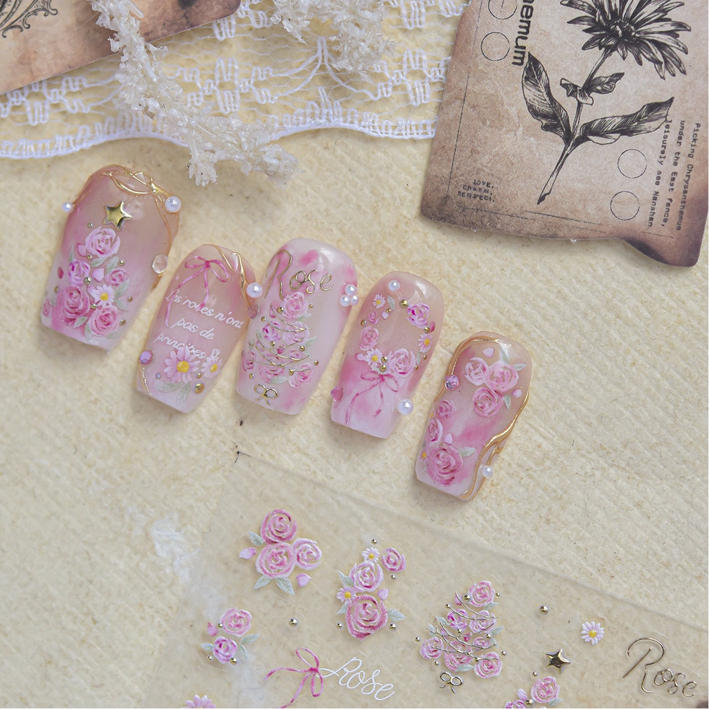 3D French Vintage Rose & Daisy Nail Stickers - Floral Wreath Decals 6142