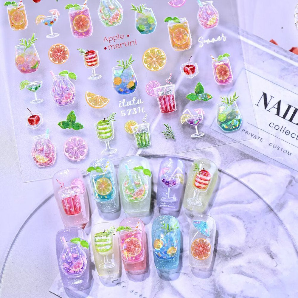 3D Fruit & Drink Nail Stickers | Summer Blueberry & Cocktail Jelly Decals