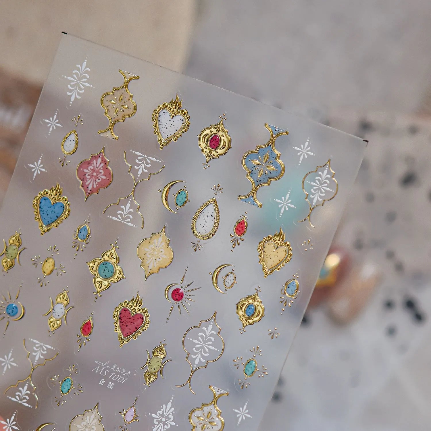 3D Gold Bohemian Nail Stickers - Luxury Gemstone & Sacred Heart Decals