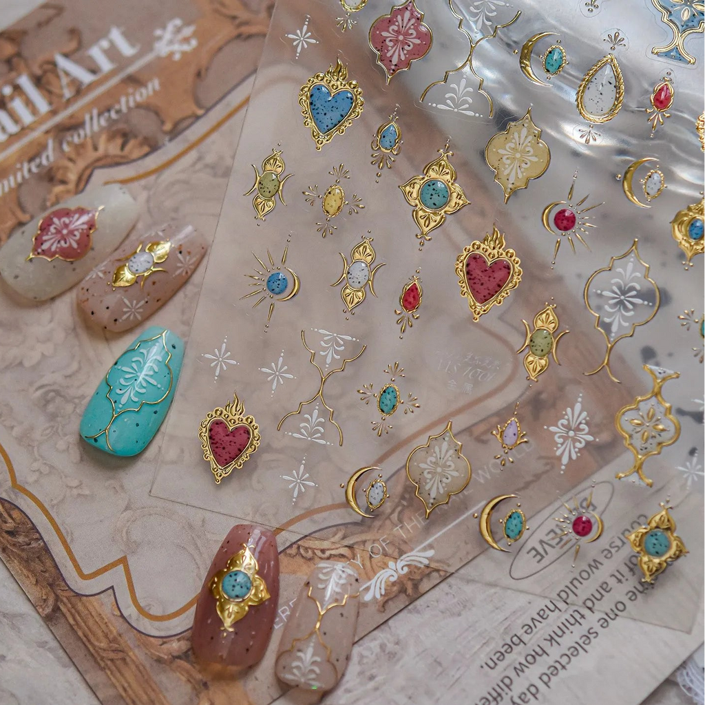 3D Gold Bohemian Nail Stickers - Luxury Gemstone & Sacred Heart Decals
