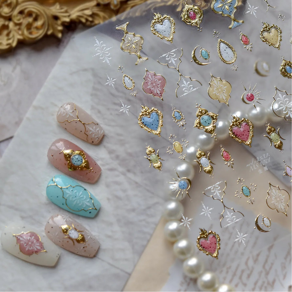 3D Gold Bohemian Nail Stickers - Luxury Gemstone & Sacred Heart Decals