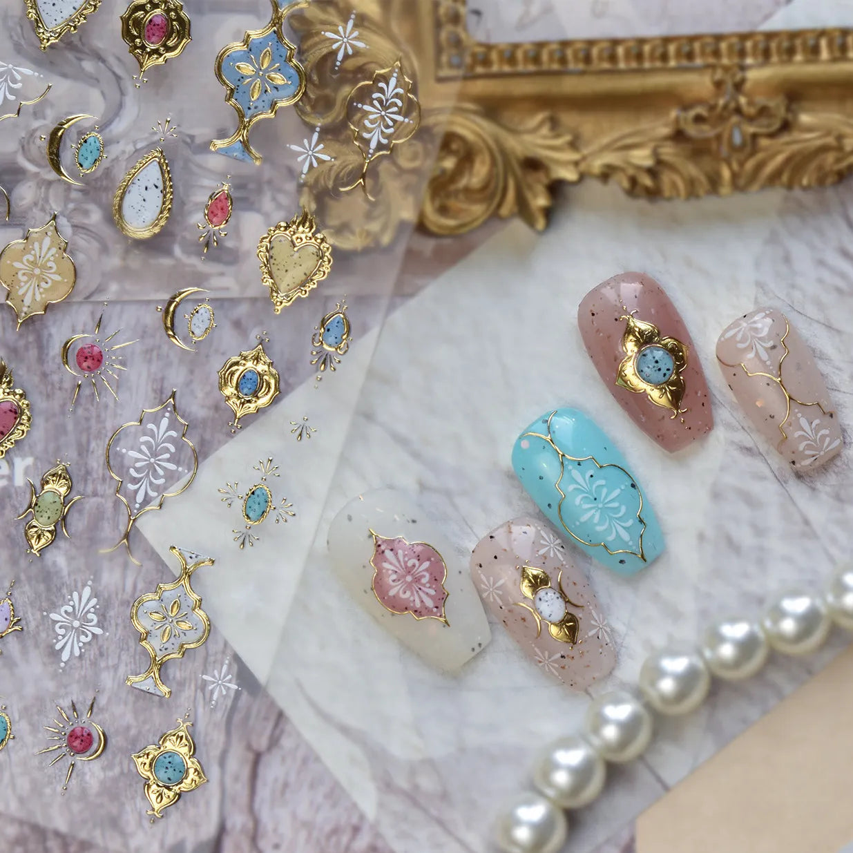 3D Gold Bohemian Nail Stickers - Luxury Gemstone & Sacred Heart Decals