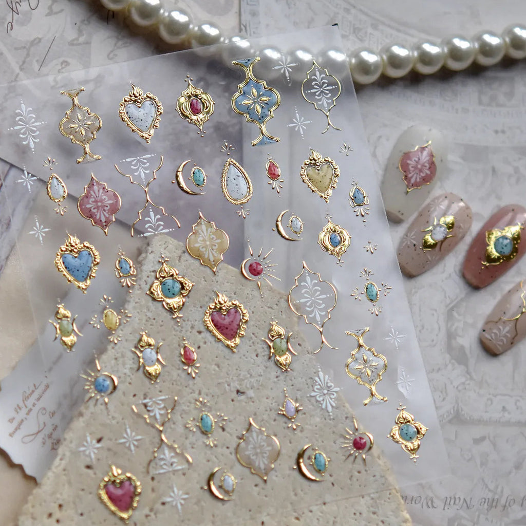 3D Gold Bohemian Nail Stickers - Luxury Gemstone & Sacred Heart Decals