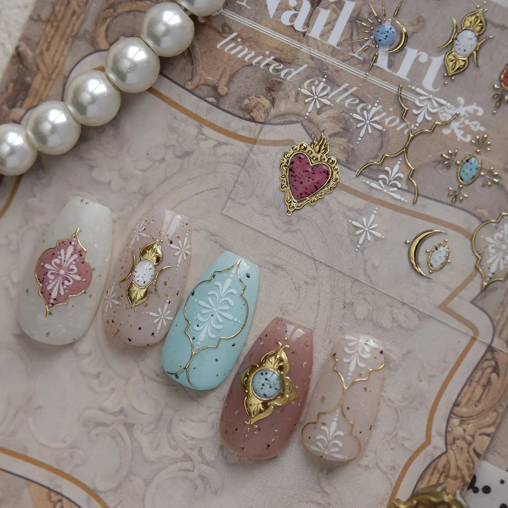 3D Gold Bohemian Nail Stickers - Luxury Gemstone & Sacred Heart Decals