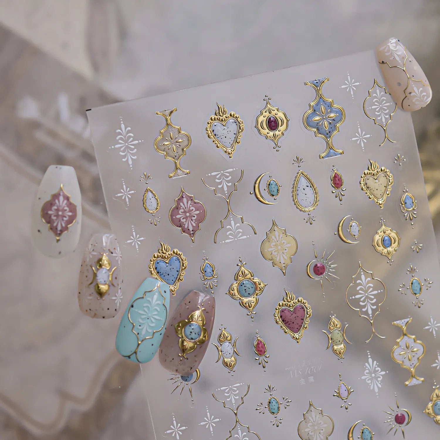 3D Gold Bohemian Nail Stickers - Luxury Gemstone & Sacred Heart Decals 1001