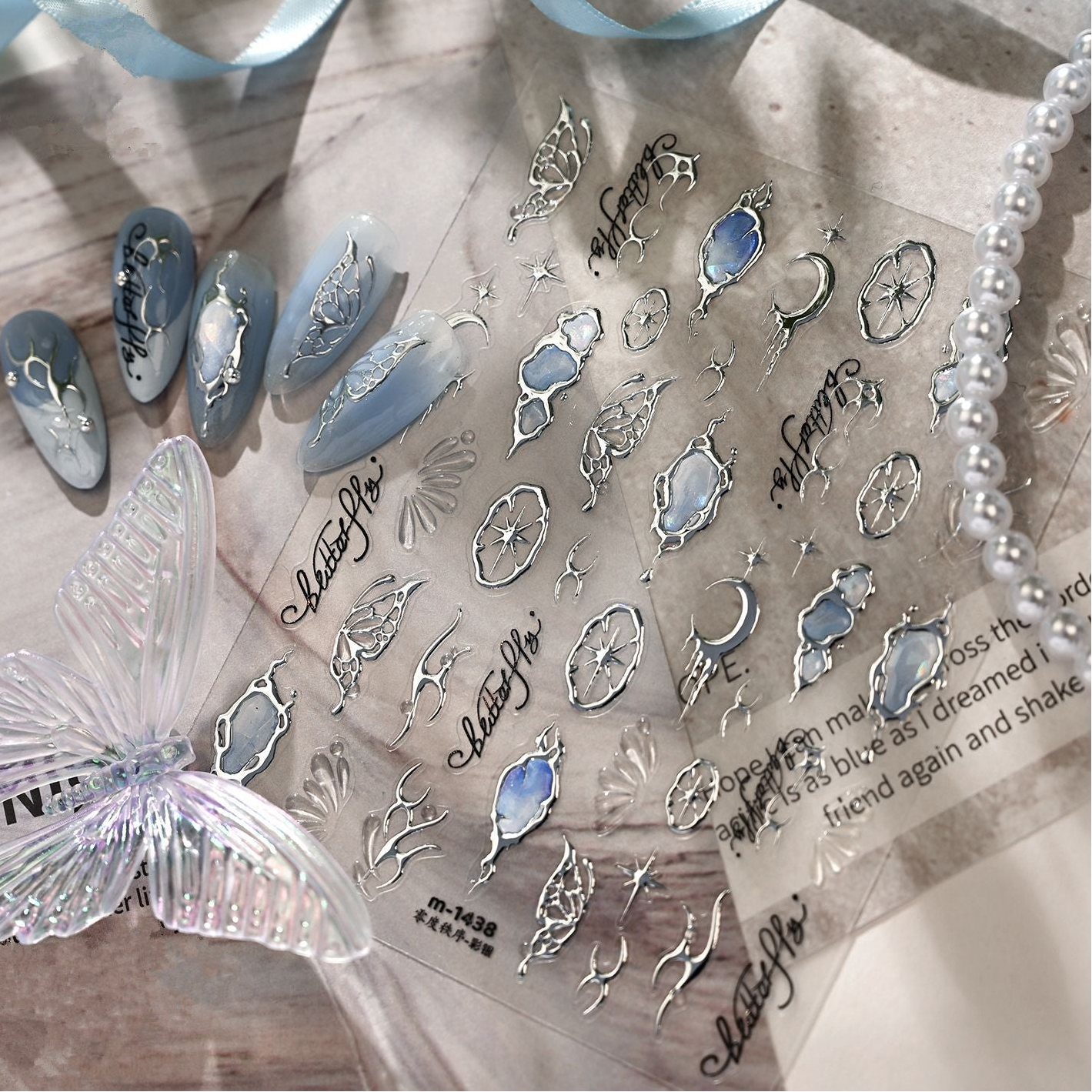 3D Gold Celestial Nail Stickers - Moon, Star & Iridescent Opal Decals