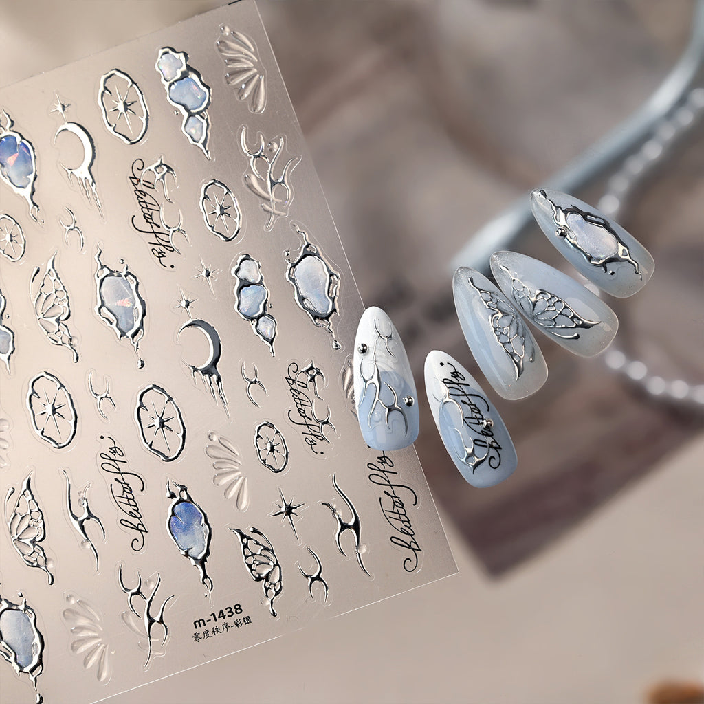 3D Gold Celestial Nail Stickers - Moon, Star & Iridescent Opal Decals