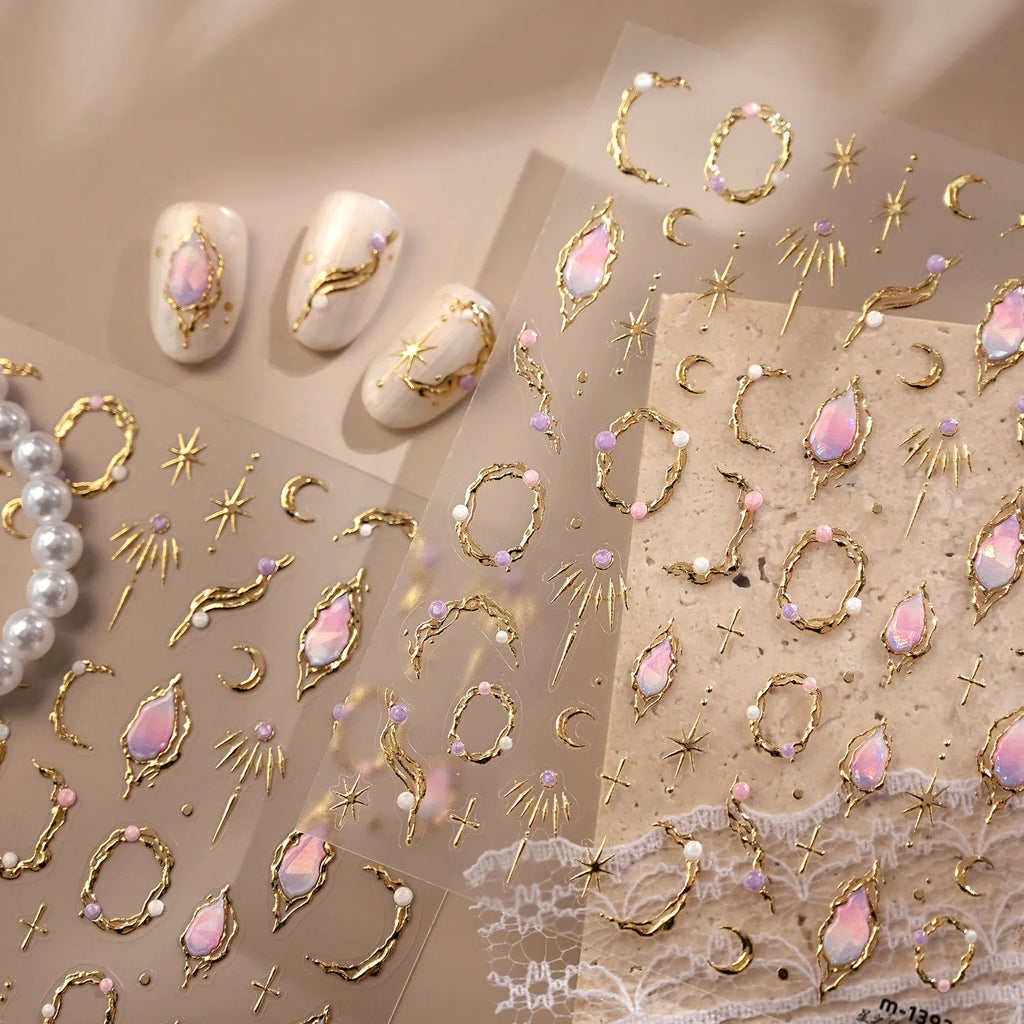 3D Gold Celestial Nail Stickers - Moon, Star & Iridescent Opal Decals