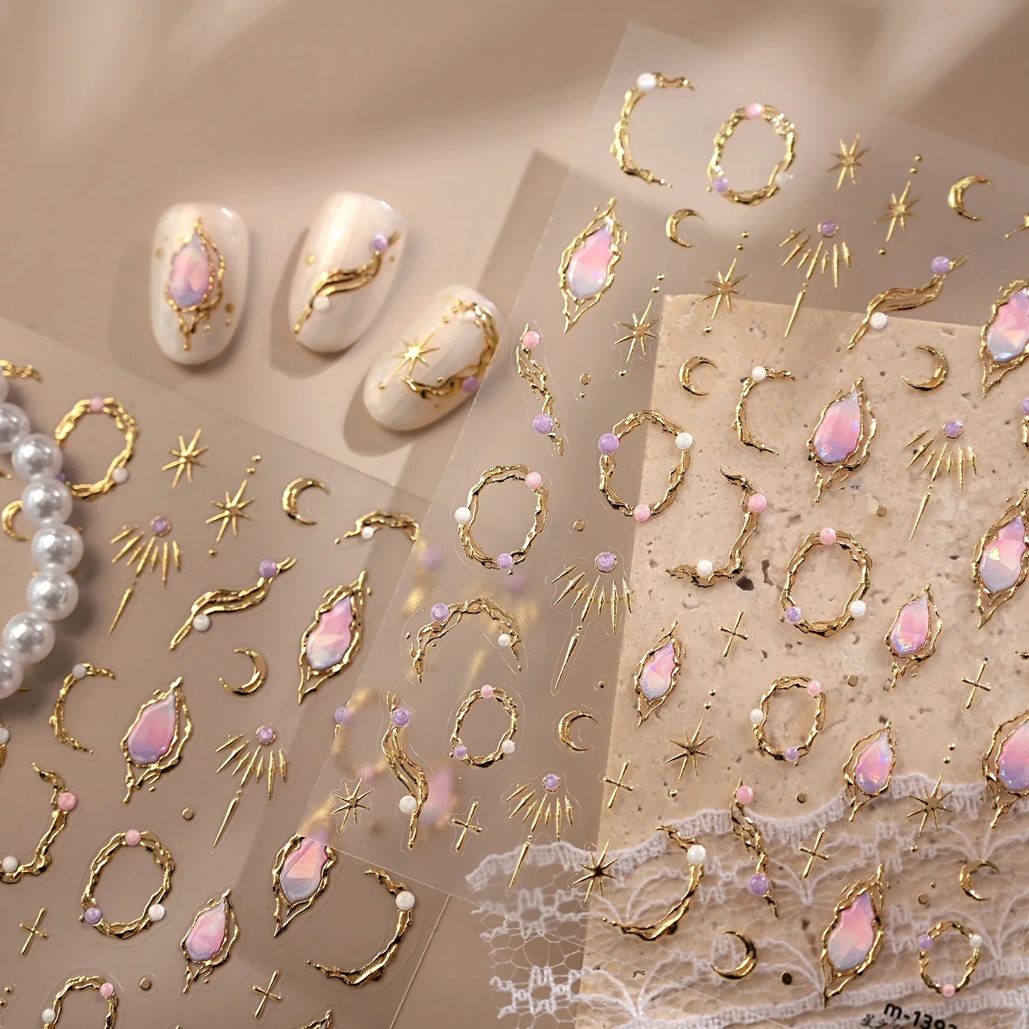 3D Gold Celestial Nail Stickers - Moon, Star & Iridescent Opal Decals