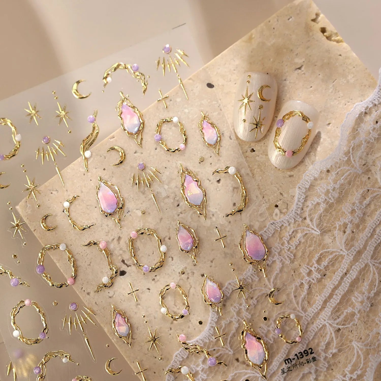 3D Gold Celestial Nail Stickers - Moon, Star & Iridescent Opal Decals