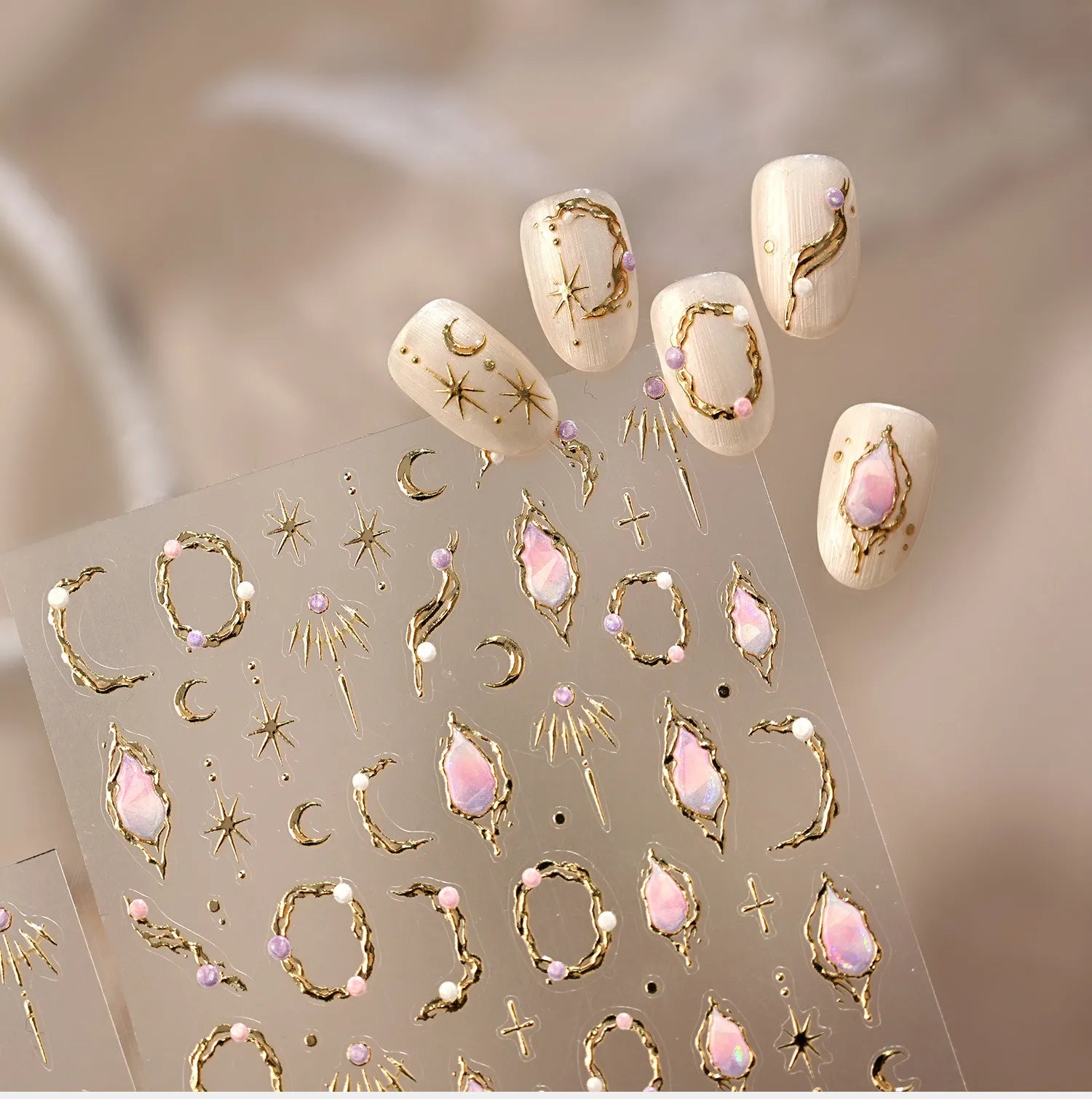 3D Gold Celestial Nail Stickers - Moon, Star & Iridescent Opal Decals