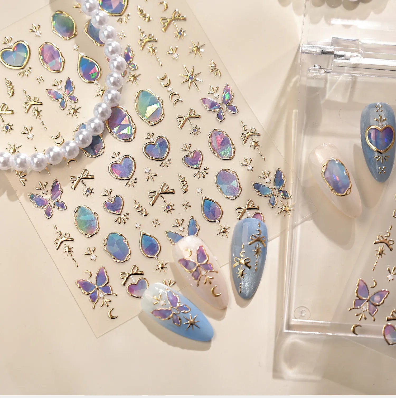 3D Gold Celestial Nail Stickers - Moon, Star & Iridescent Opal Decals